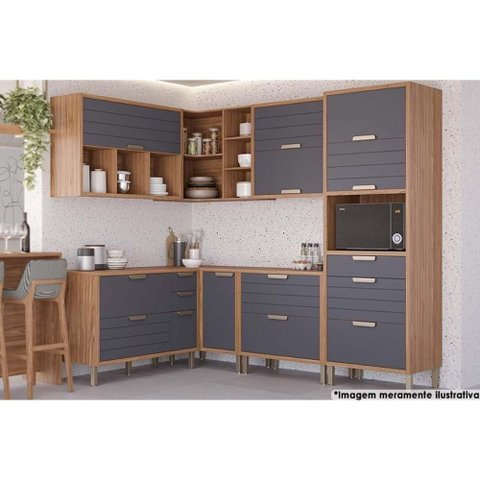 Cozinha Modulada Completa Eloise 7 Peças 33 Aéreos + 3 Balcões + 1 Paneleiro Cz029 Freijó