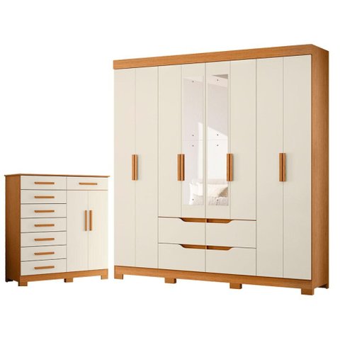 Guarda Roupa Casal Doble 08 Portas com Espelho e Cômoda Verona Cinamomo Off White - Móveis Albatroz