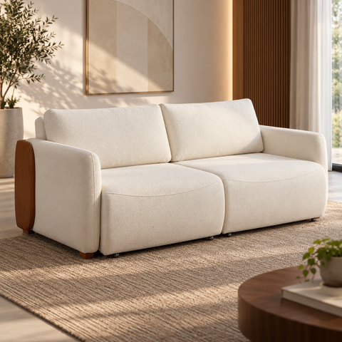 Sofá Sereno Retrátil Reclinavel Moderno Elegante Organico Divani em Bouclé Off White e Courino Caram