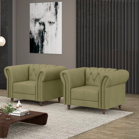 Kit 2 Poltronas Decorativas Sala de Estar Stanford Chesterfield Pés de Madeira Couro Fendi G58 - Gra