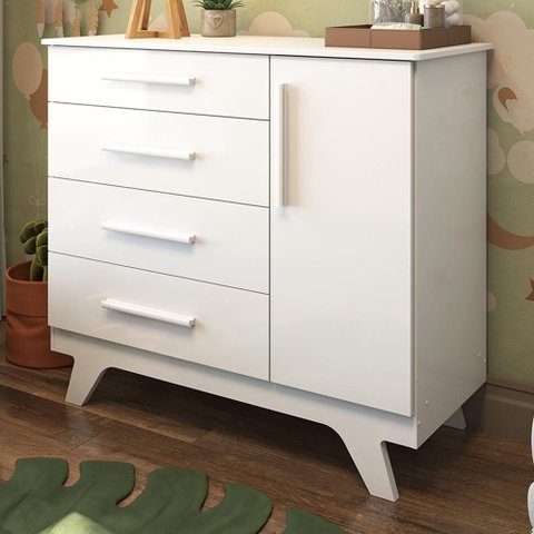 Cômoda Infantil Retrô 1 Porta e 4 Gavetas Branco Brilho - Móveis Peroba