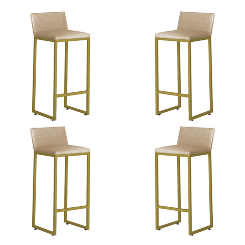 Kit 4 Banquetas Alta Dani Reforçada Decorativa Balcão Bancada Cozinha Bar Base Dourada Courino Bege