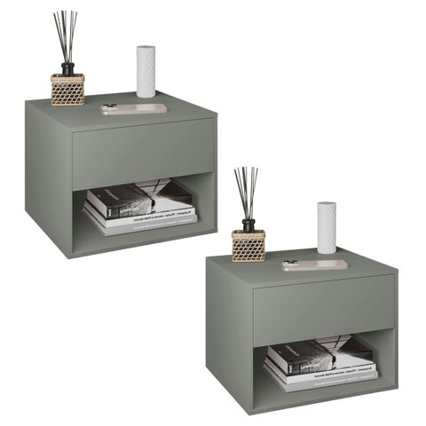Kit 2 Mesas de Cabeceira Suspensa de Fixar na Parede 1 Gaveta e Nicho- Cinza - Lh Móveis
