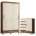 Ver imagem 1 de Guarda Roupa Solteiro 2 Portas de Correr com Pés e Cômoda Fit Jequitibá Off White Acetinado -