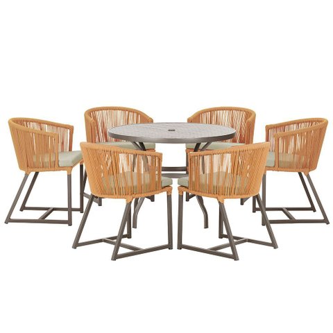 Mesa com 6 Cadeiras de Jantar Roma 120cm e Noronha em Alumínio Marrom Corda Náutica Estofado 7 Trama