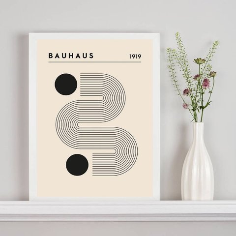 Quadro Poster Bauhaus Minimalista Bege 24x18cm - com Vidro:madeira Preta