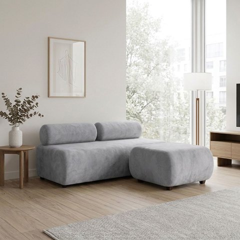 Sofá 3 Lugares e Puff para Sala Orgânico Nara Base Fixa Suede D03 - D'Rossi