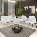 Ver imagem 2 de Sofá Namoradeira e 2 Poltronas Base Madeira Castanho Ana Sintético Branco - Ibiza