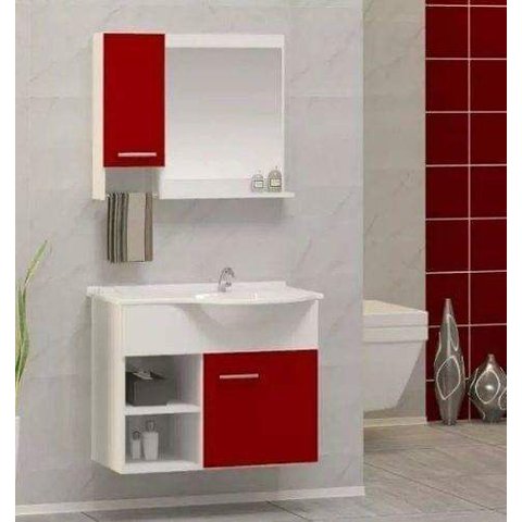 Kit Gabinete 100% Mdf Cuba e Espelheira 60cm para Banheiro:branco/vermelho