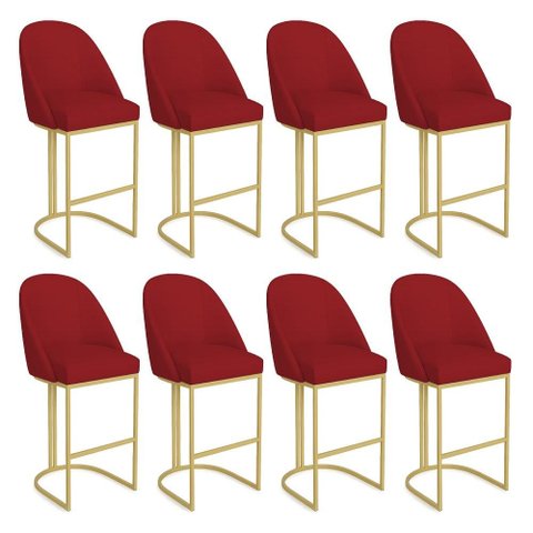 Kit 08 Banquetas Altas Bela Suede Vermelho Base Metálica Industrial Dourado - Pallazio