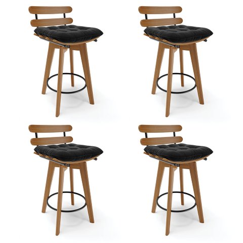 Kit 04 Banquetas Giratória Costela Suede Base Madeira MA70 - D’Rossi - Preto