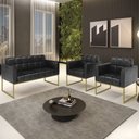 Ver imagem 2 de Sofá Namoradeira e 2 Poltronas Base Industrial Dourado Ana Sintético Pu Preto - Ibiza