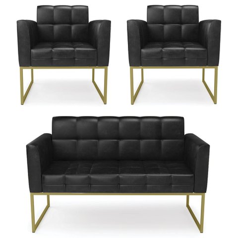 Sofá Namoradeira e 2 Poltronas Base Industrial Dourado Ana Sintético Pu Preto - Ibiza