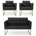 Ver imagem 1 de Sofá Namoradeira e 2 Poltronas Base Industrial Dourado Ana Sintético Pu Preto - Ibiza