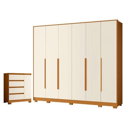 Kit Guarda Roupa Casal Mercure 6 Portas e Cômoda Sapateira Olimpia 10 Gavetas MDP Cinamomo Off