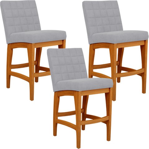 Kit 03 Banquetas Baixa Para Cozinha Bancada Bar Sala Jantar Fixa Mila L02 Suede Cinza - Lyam Decor B