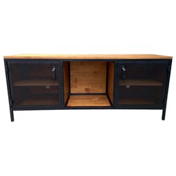 Rack de Madeira e Ferro Modelo Industrial com 2 Portas de Chapas - Cores Preto e Castanheira - 1