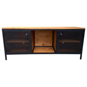 Rack de Madeira e Ferro Modelo Industrial com 2 Portas de Chapas - Cores Preto e Castanheira