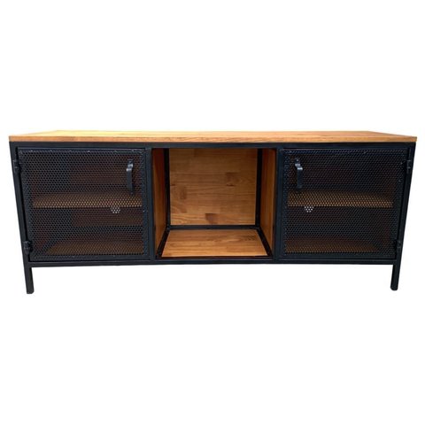 Rack de Madeira e Ferro Modelo Industrial com 2 Portas de Chapas - Cores Preto e Castanheira