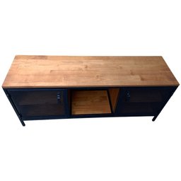 Rack de Madeira e Ferro Modelo Industrial com 2 Portas de Chapas - Cores Preto e Castanheira - 11