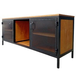 Rack de Madeira e Ferro Modelo Industrial com 2 Portas de Chapas - Cores Preto e Castanheira - 3