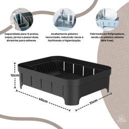 Escorredor de Louça Trium Plástico Vazado Pia Cozinha Pratos Talheres Plástico 40x31x12 Preto ou - 3
