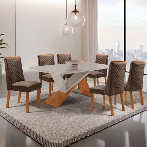 Mesa de Jantar Yasmin 180cm Tampo MDF Vidro Canto Copo com 6 Cadeiras Yasmin