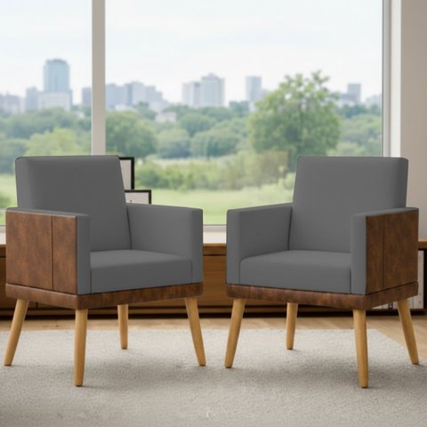 Kit 2 Poltronas Decorativa para Sala Recepção Escritório Assento Confortável Lis Suede e Corino