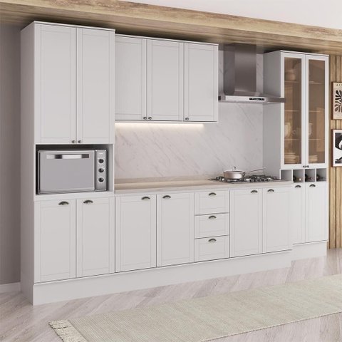 Cozinha Milla Crisp 15 Portas 3 Gavetas MDF 340cm Branco Móveis Carraro