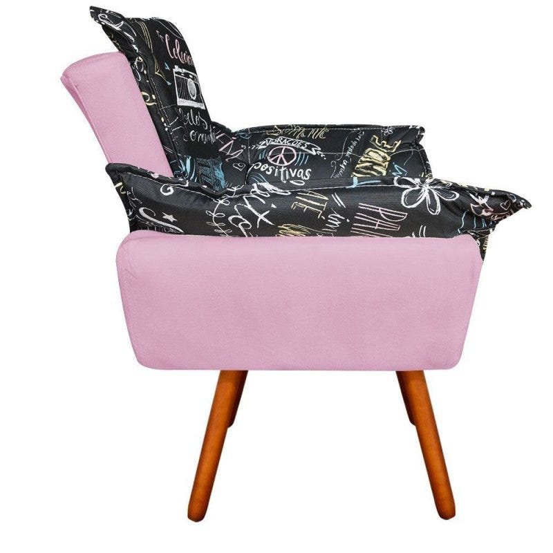 Poltrona Decorativa Opala Composê Estampado Preto Escrito D62 e Suede Rosa Bebê MadeiraMadeira