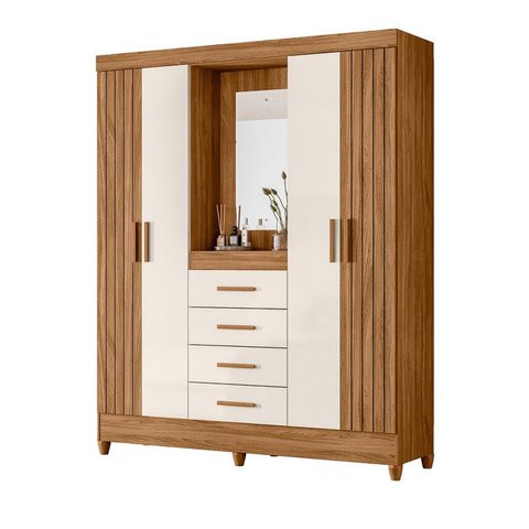 Guarda Roupa Atenas Quarto Casal 4 Portas 4 Gavetas Espelho Freijo com Off White