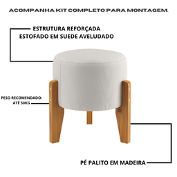 Puff Redondo Estofado com Pés em Madeira Apoio para Os Pés Suede Bege Claro - 3