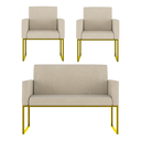 Ver imagem 1 de Kit 2 Poltronas + Namoradeira Lugares Recepção Base Dourada Cor:bege