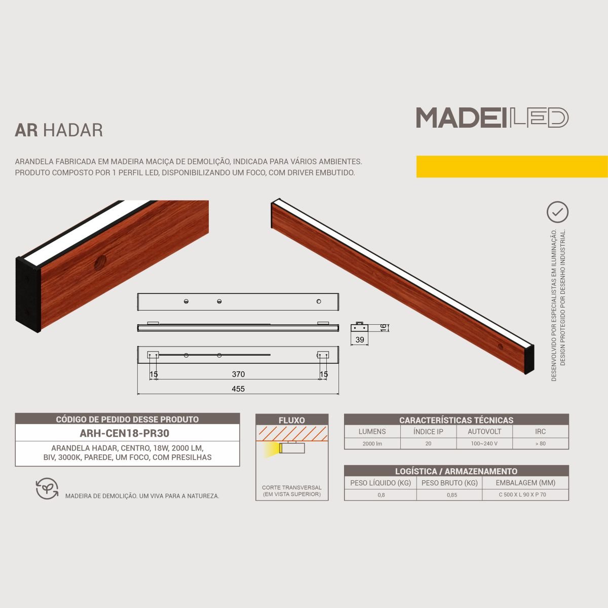 Arandela Hadar 18w Bivolt Madeira Maciça - Um Foco - 7