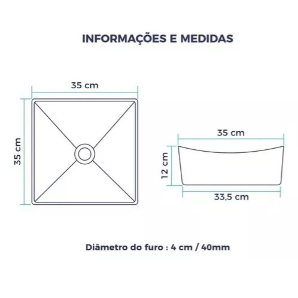 Cuba de Apoio Pia Lavabo Quadrada Louça Branca 35x35x12cm Moana - 8