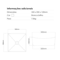 Cuba de Apoio Pia Lavabo Quadrada Louça Branca 35x35x12cm Moana - 7