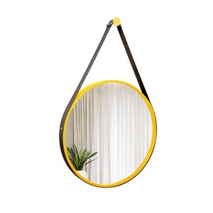 Espelho Decorativo Adnet Amarelo Alça Corino Preto 60 cm Redondo Amarelo/Preto, 60 cm