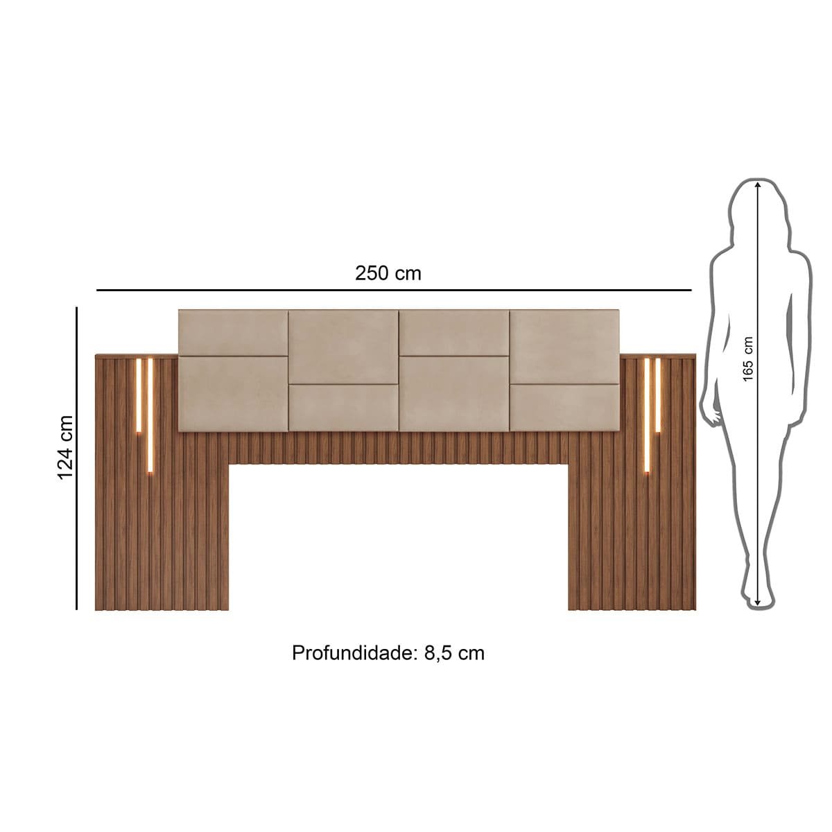 Cabeceira Cama de Casal Estofada com Ripado 2,50 x 1,05 Com Led Carrara - ÉdeCasaMóveis                                                         - 8