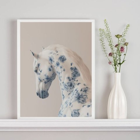 Quadro Decorativo Cavalo Soft Flores Azuis 24x18cm:moldura Branca