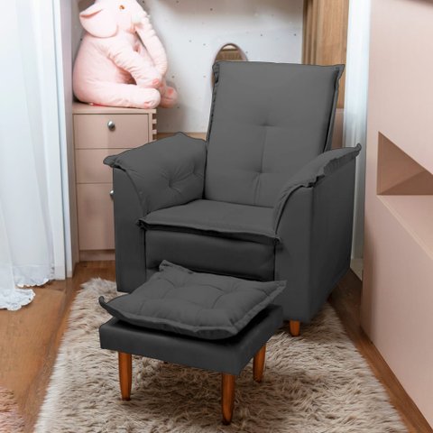Poltrona Amamentação e Puff Ariel Suede Cinza Pés Palito Bnn Decor