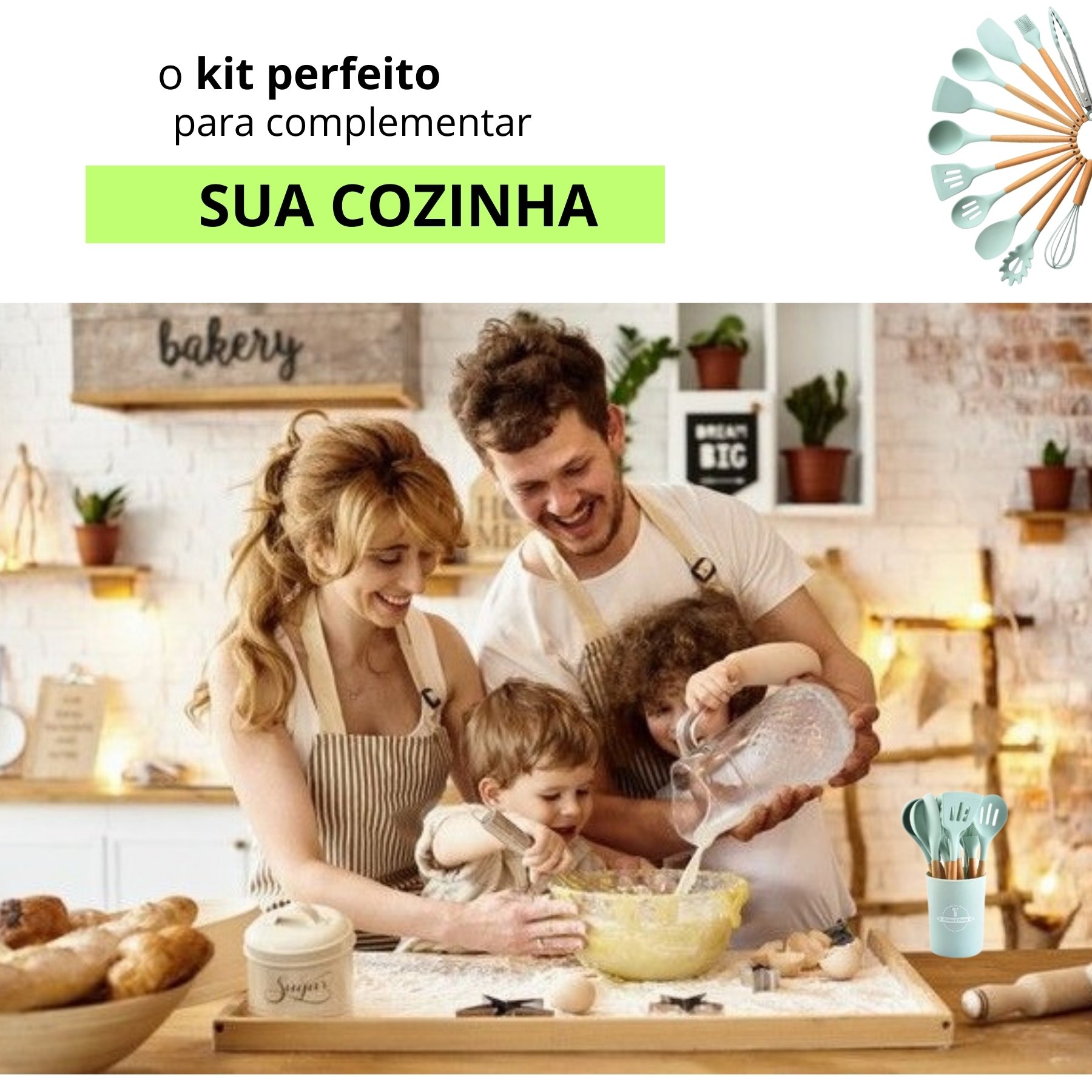 Kit C/ 12 Utensilios de Cozinha Verde Claro em Silicone e Cabo de Madeira - 9