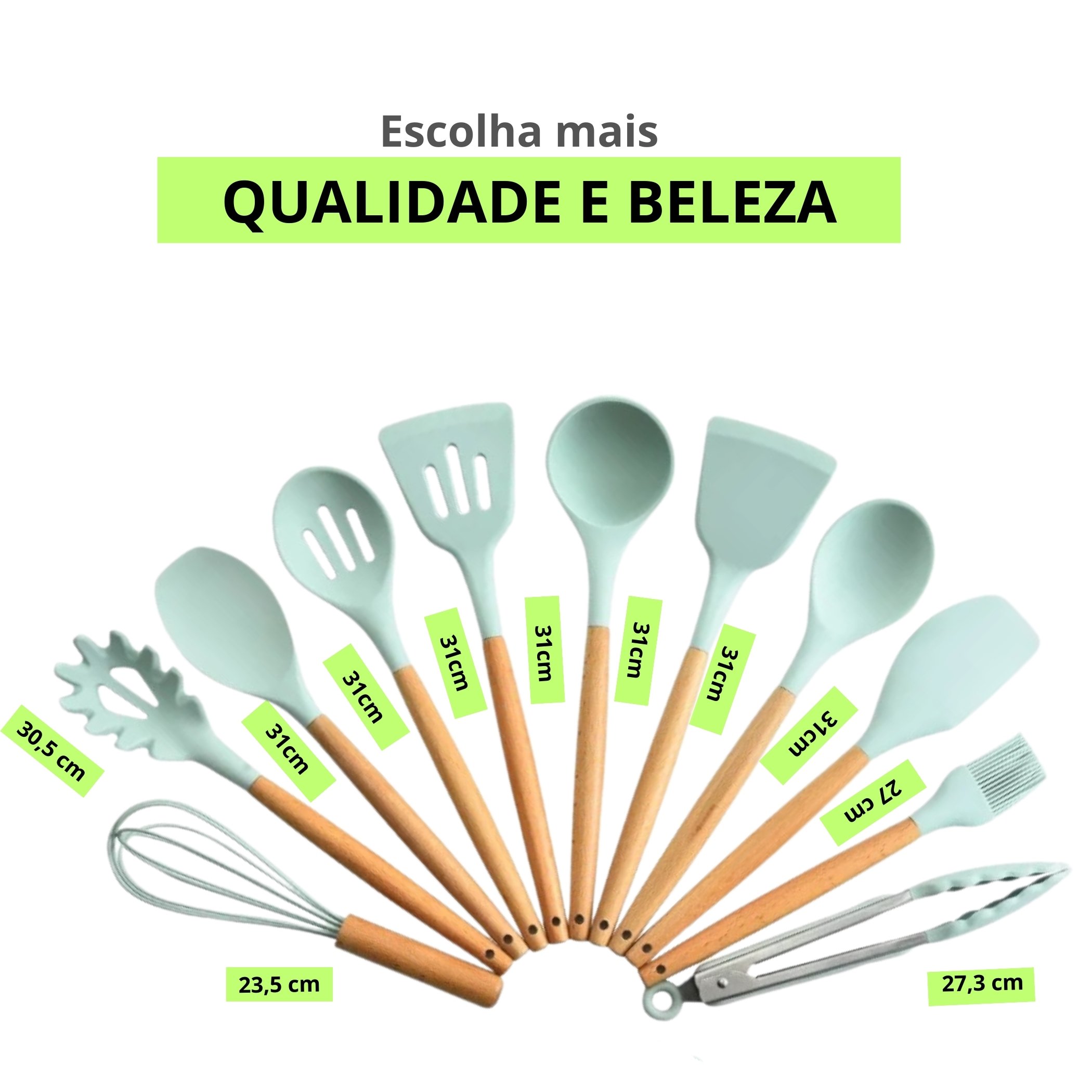 Kit C/ 12 Utensilios de Cozinha Verde Claro em Silicone e Cabo de Madeira - 3