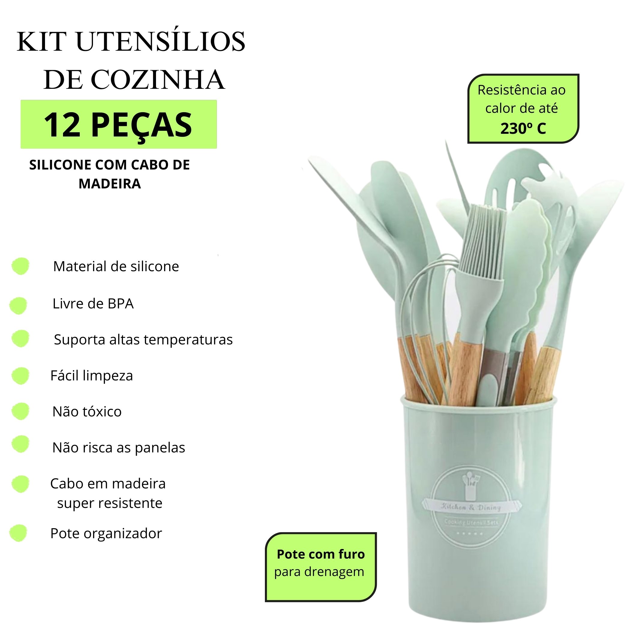 Kit C/ 12 Utensilios de Cozinha Verde Claro em Silicone e Cabo de Madeira - 4