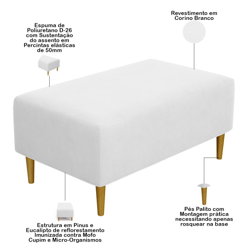 Puff Decorativo Sala de Estar Cléo Pés Palito 90cm Corino Branco - 4