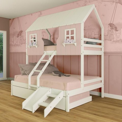 Treliche Casal/ Solteiro Casinha Encantada com Kit Escada/ Escorregador Madeira Maciça Rosa/ Branco