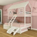 Ver imagem 1 de Treliche Casal/ Solteiro Casinha Encantada com Kit Escada/ Escorregador Madeira Maciça Rosa/ Branco