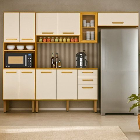 Cozinha Completa Adele 10 Portas 2 Gavetas Espresso Móveis Bege/Cinamomo/Off White Acetinado