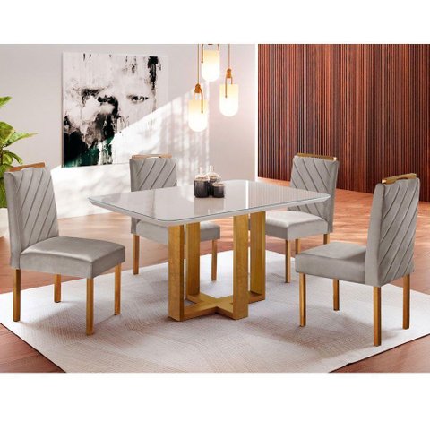 Kit Sala de Jantar 4 Lugares Mesa Lisy e Cadeiras Jade Veludo Off White com Marrom Acinzentado