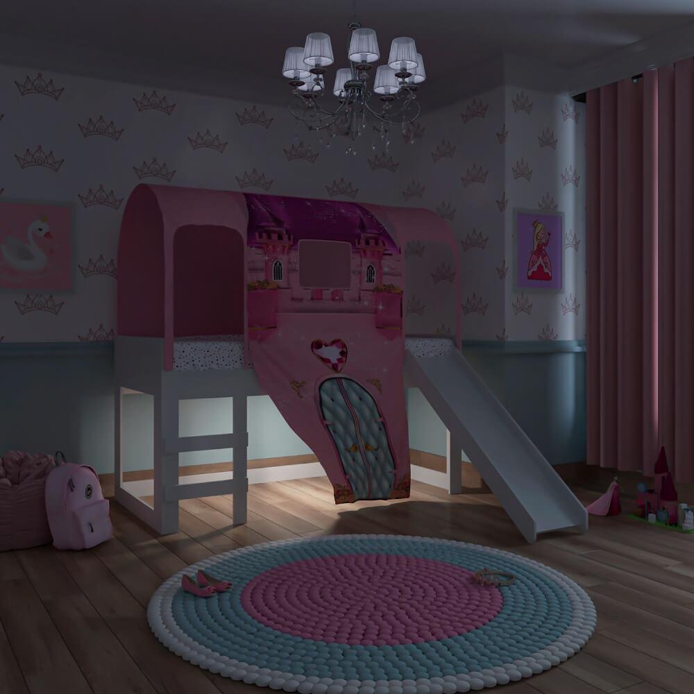 Cama Infantil Alta Joy com Escorregador/Dossel Barraca Castelo e Led - Rosa/Branco