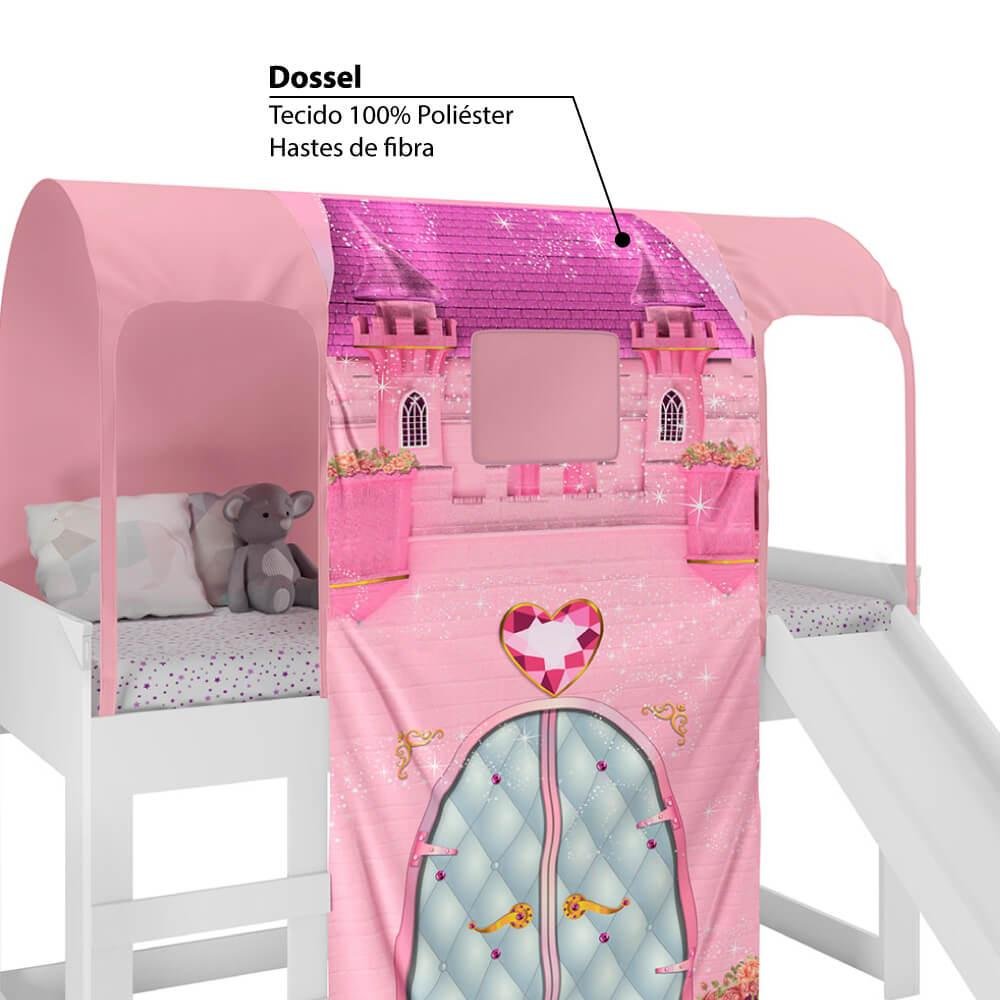 Cama Infantil Alta Joy com Escorregador/Dossel Barraca Castelo e Led - Rosa/Branco - 4